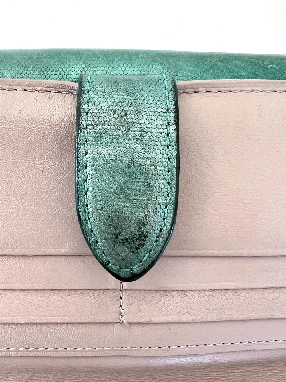 TUMI Sage Shimmer Green Leather Flap Closure Dual Compartment Spacious Wallet